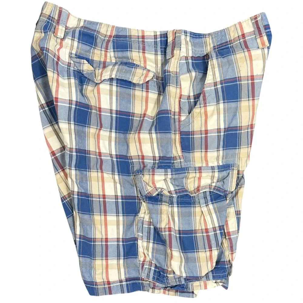 Old Navy Broken-In Cargo Shorts Mens‎ 40 Blue Plaid Cotton Utility Casual